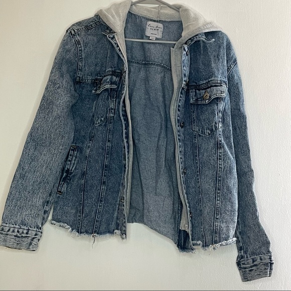 ACID WASHED DENIM JACKET DOUBLE LAYERED GREY HOOD - Picture 1 of 4